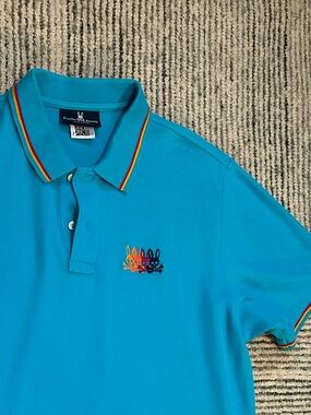Psycho Bunny Men’s Blue 100% Pima Cotton Short Sleeve Polo Shirt Sz XL Rainbow